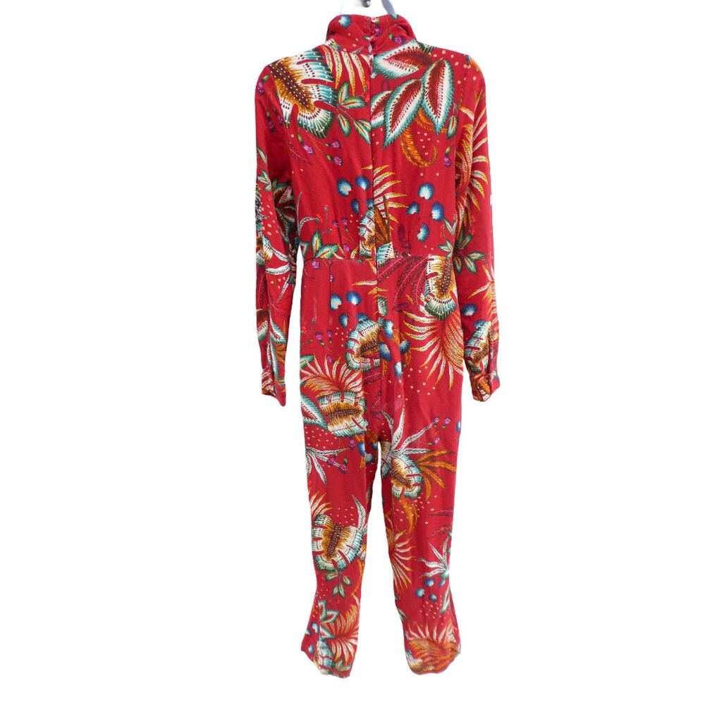 Farm Rio Red Tropical Winterleaf Jumpsuit Deep V Long Sleeve Slant Pockets M - Picture 3 of 10